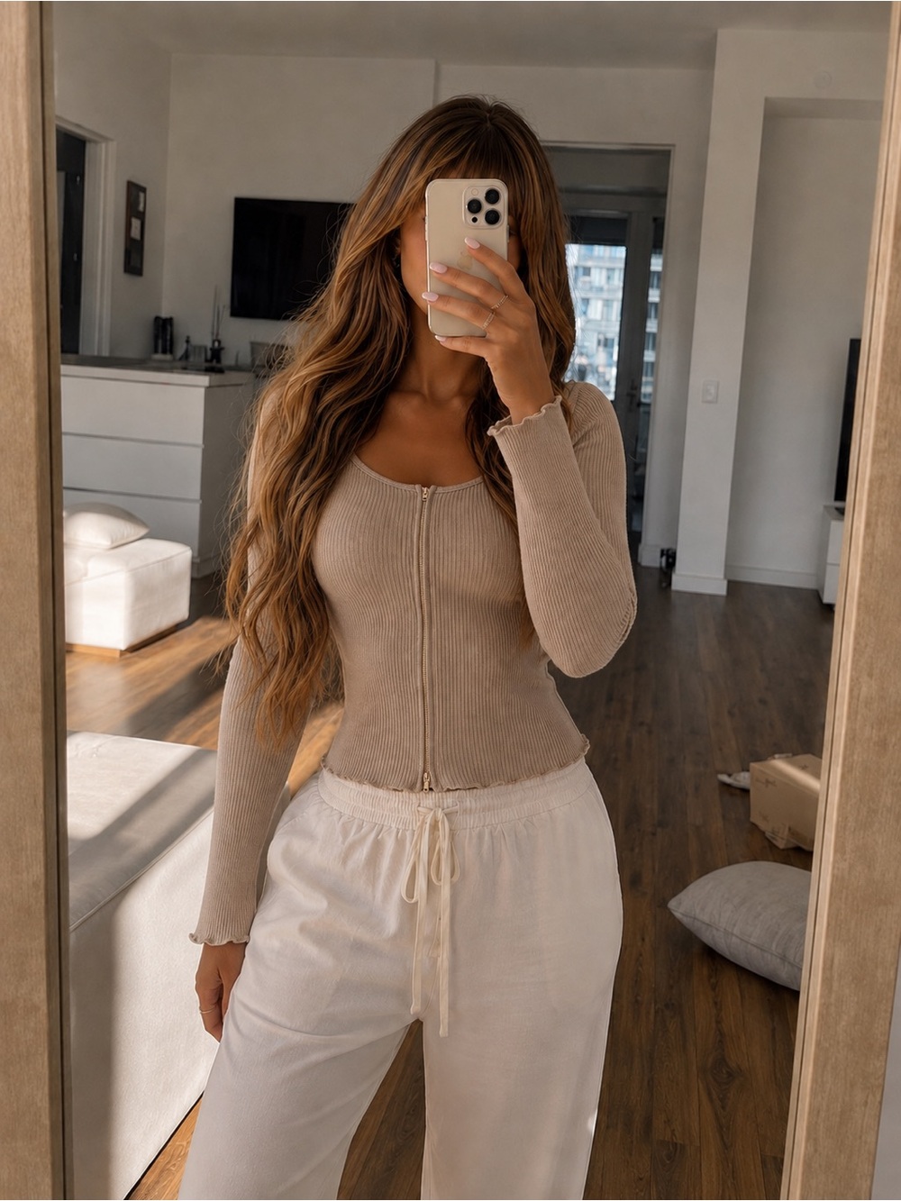 Zip-Front Ribbed Long Sleeve Top in Beige